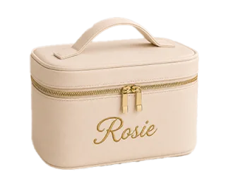 Personalised vanity case with fine grain finish, gold zip and carry handles